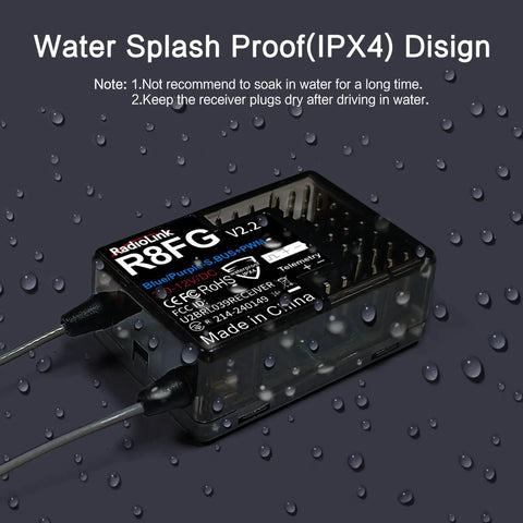 Ultra Fast 2.4GHz Gyro Receiver With Voltage Telemetry Waterproof RX next to water droplets showing IPX4 design