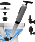 Kick Loose Deep Clogs Fast With This High Pressure Toilet Plunger And Multi Purpose Heavy Duty Bathroom Auger Offering Six Snap On Heads For Clearing Sink And Drain Lines Every Day Grey shown in use with snap on heads.