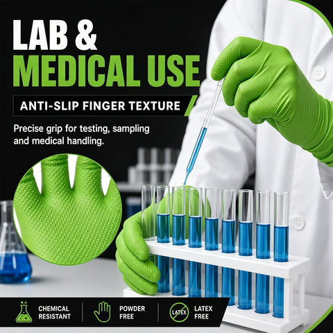 Tough As Nails 8 Mil Green Nitrile Disposable Industrial Work Gloves With Superior Grip Texture For Heavy Lifting And Daily Shop Grind Extra Large Size, anti-slip texture for lab use.