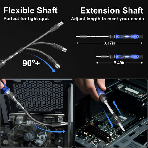 Flexible and extension shaft of upgraded electric screwdriver kit with 144 magnetic bits, showing torque settings and PC repair use.