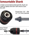 Heavy Duty Keyless Drill Chuck With Metal Tool Holder That Snaps Bits In Fast, showing dismountable shank and thread size.