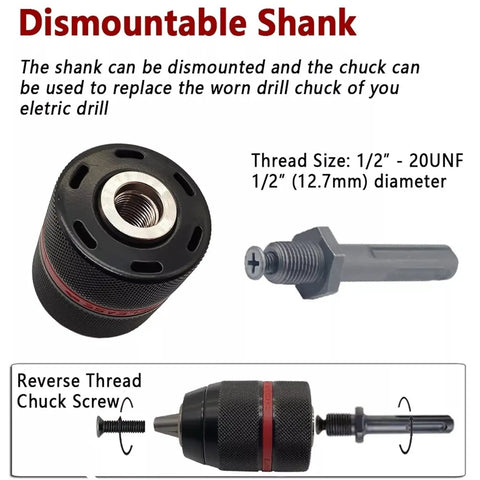 Heavy Duty Keyless Drill Chuck With Metal Tool Holder That Snaps Bits In Fast, showing dismountable shank and thread size.