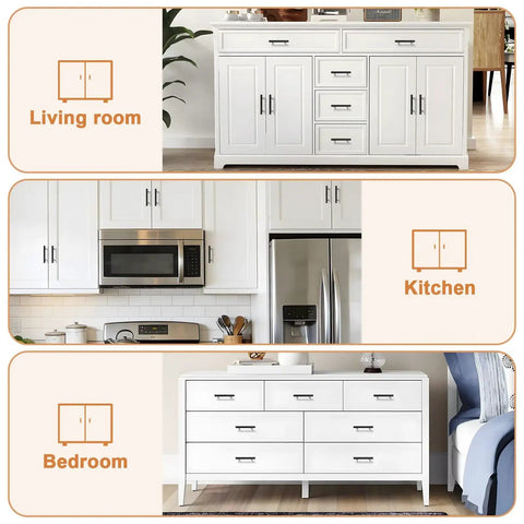 Kickass Matte Black Cabinet Pulls With 3 Inch Hole Centers on white furniture in living room, kitchen, and bedroom settings.