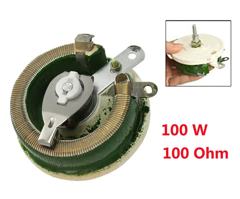 Pro Grade 100W 100 Ohm Ceramic Rheostat with sliding disk for variable control in DIY projects, shown in green and metal.