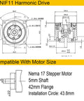 Technical drawing of 50:1 Harmonic Gear Drive Reducer for Nema 17 Stepper Motor Robots with dimensions and compatibility details.
