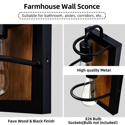 Set Of Two Farmhouse Wall Sconces With Modern Industrial Vibe, Matte Black Finish And Faux Wood Backing, E26 Socket.