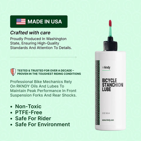 Bike fork stanchion and shock lube, 2 oz bottle, non-toxic, PTFE-free, made in USA, for all weather mountain, road, and gravel rides