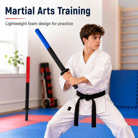 Person practicing with 2 Pack Foam Swords 35 Inch Padded Bokken Samurai Swords For Cosplay Prop And Sparring Training, Kendo Sticks
