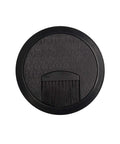 Round Black Plastic Desk Grommet With Brush Opening And Removable Lid Fits 3 15 Inch Cutouts, top view showcasing cable management design.
