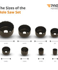 Image showing sizes of the Hole Saw Kit For Wood Durable Carbon Steel With High Precision Cutting Teeth Includes Mandrel Hex Key And Case.