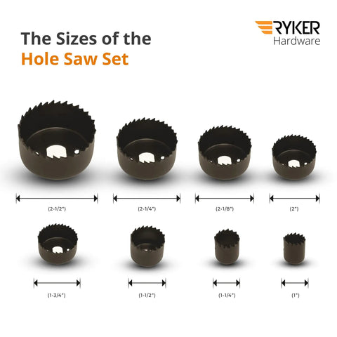 Image showing sizes of the Hole Saw Kit For Wood Durable Carbon Steel With High Precision Cutting Teeth Includes Mandrel Hex Key And Case.
