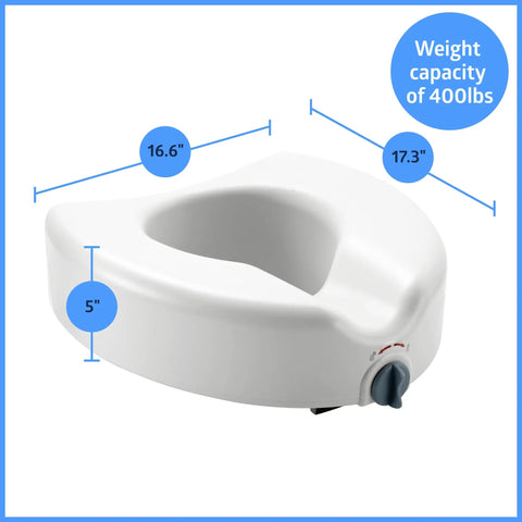 Hella Sturdy Raised Toilet Seat Adding Five Inches Tall Features Secure Locking Clamps Plus Non Slip Base For No Sweat Assembly Perfect Big Lift For Seniors Daily Use