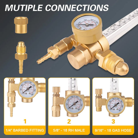 Argon And CO2 Gas Regulator With CGA 580 Inlet For TIG And MIG Welding Machines, showing multiple connections and fittings.