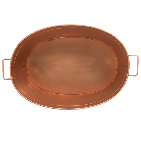 Top view of Oval Copper Plated Galvanized Tub For Rustic Farmhouse Decor And Garden Planter Outdoor Utility Bin With Vintage Dairy Store Vibe Durable Handcrafted Metal Basin with side handles