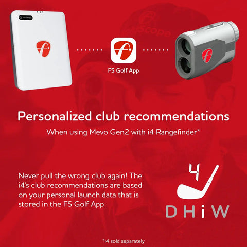 Mevo Gen2 Portable Golf Launch Monitor and i4 Rangefinder with FS Golf App for personalized club recommendations.