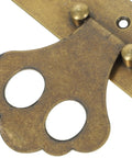 Close-up of Old School Brass Hasp Latch For Jewelry Boxes And Wooden Lock Boxes, showing antique gold finish and hinge detail