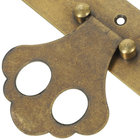 Close-up of Old School Brass Hasp Latch For Jewelry Boxes And Wooden Lock Boxes, showing antique gold finish and hinge detail