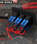 Waterproof 12V Marine Switch Panel With 3 Gang Rocker Switches, Blue LED Illumination, prewired on dark surface with tools.