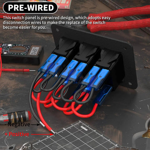 Waterproof 12V Marine Switch Panel With 3 Gang Rocker Switches, Blue LED Illumination, prewired on dark surface with tools.