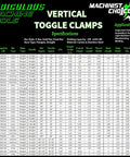 Vertical Toggle Clamps specifications chart showing various models, capacities, and dimensions for industrial use.