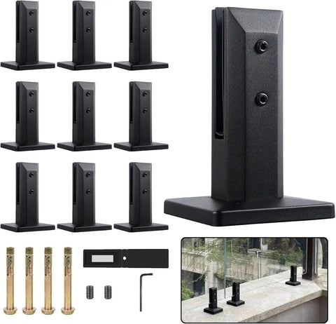 Rock Solid Square Glass Pin Clamps For Zero Drill Hassle Premium 304 Stainless Steel Railing Post Fittings in smooth black finish.