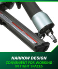 Close-up of Strap Tite Fastening System Strip Nailer For Wood And Metal Connectors, Pro Preferred Pneumatic Nailer With Thirty Six Degree Magazine, Lightweight At About Four Point Six Pounds, Accepts One And A Half Inch Connector Nails, NR38AK showing narrow design.