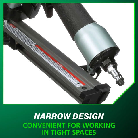 Close-up of Strap Tite Fastening System Strip Nailer For Wood And Metal Connectors, Pro Preferred Pneumatic Nailer With Thirty Six Degree Magazine, Lightweight At About Four Point Six Pounds, Accepts One And A Half Inch Connector Nails, NR38AK showing narrow design.