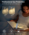 Woman using USB Rechargeable Book Reading Light with 3000K Warm White, No Fuss Brightness Adjustable Clip On LED Bookmark Lamp for reading