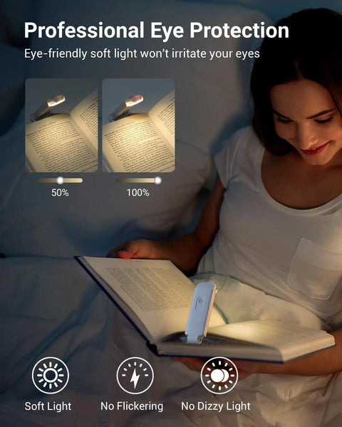 Woman using USB Rechargeable Book Reading Light with 3000K Warm White, No Fuss Brightness Adjustable Clip On LED Bookmark Lamp for reading