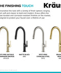 Game Changer Stainless Steel Pull Down Kitchen Faucet With Spot Free Brushed Finish And Full Range Swivel Spout options in four finishes.