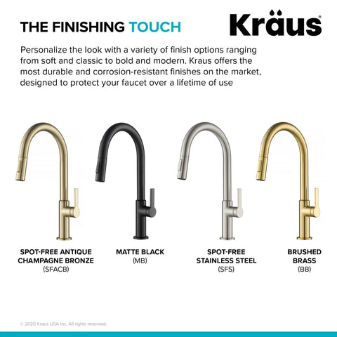Game Changer Stainless Steel Pull Down Kitchen Faucet With Spot Free Brushed Finish And Full Range Swivel Spout options in four finishes.