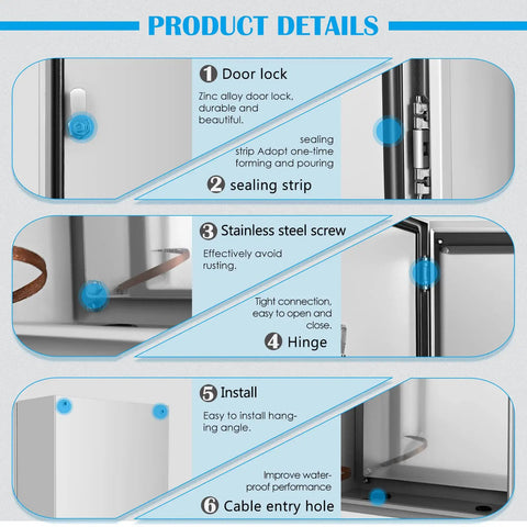 Heavy Duty Tough As Nails Outdoor Electrical Enclosure Box 20x12x10 Inches IP66 details: door lock, sealing strip, screws, hinges