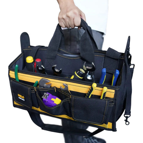 Person holding 17 Inch Open Top Electrician Tool Bag With Shoulder Strap HVAC Pro Carrier Center Plastic Tray 30 Pockets Dual Outside Pouches