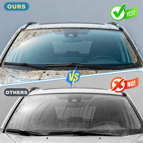 Comparison of Premium Full Coverage Windshield Wiper Blade Set Compatible With 2022 Through 2025 Mitsubishi Outlander and PHEV in clean vs dirty view.