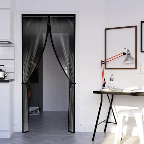 Two Piece Zipper Dust Barrier Door Kit 48 By 87 Inch Easy Install Temporary Wall Screen in home doorway, black edges visible