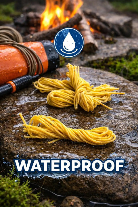 All Natural Cotton And Beeswax Fire Starter For Outdoor Camping And Home Fires Waterproof Easy Ignite shown by campfire on rock