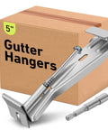 5 Inch Heavy Duty Hidden Aluminum Gutter Hangers Kit With Quarter Inch Hex Drill Bit, box and hanger displayed