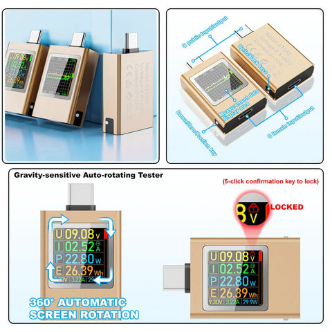 USB C Power Meter Tester For Gearheads With PD3.1 48V PPS QC2.0 QC3.0 FCP VOOC showing multiple views and rotating screen