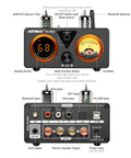 T9PRO 200W 2 1 Channel Tube Bluetooth DAC Stereo Amplifier front and rear panels with tubes, VU meter, and inputs