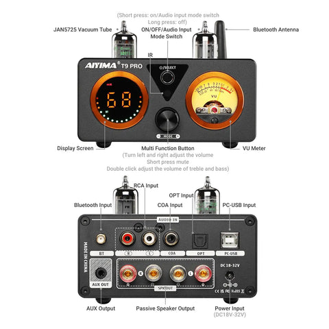 T9PRO 200W 2 1 Channel Tube Bluetooth DAC Stereo Amplifier front and rear panels with tubes, VU meter, and inputs