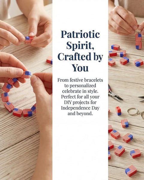 Hands crafting with All American Flag Polymer Clay Beads Pack for DIY Jewelry Making, creating patriotic bracelets and necklaces.