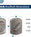 Dimensions and specifications of Heavy Duty Matte Black Deadbolt With Greenwich Trim, showing keyed entry and side view.