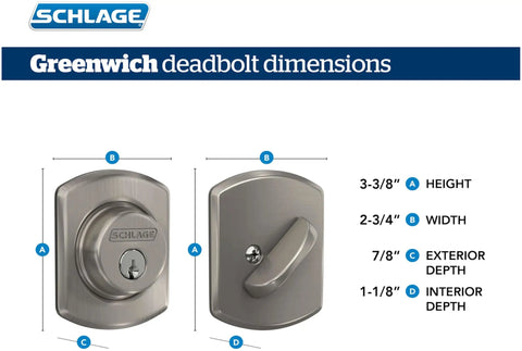 Dimensions and specifications of Heavy Duty Matte Black Deadbolt With Greenwich Trim, showing keyed entry and side view.