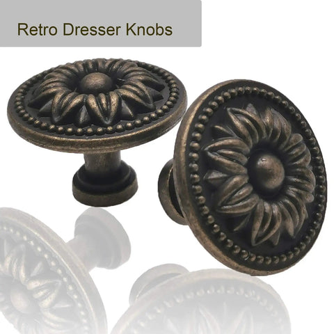Old School Vintage Flower Shape Cabinet Knob Set Antique Bronze 8 Piece Dresser Drawer Handles With Two Screw Lengths For Thick Cabinets And Dressers Rustic Floral Hardware close-up