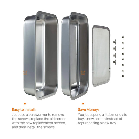 Disassembled view of Heavy Duty Stainless Steel Herb Trimming Tray With Detachable 150 Micron Screen, showing tray and screws.