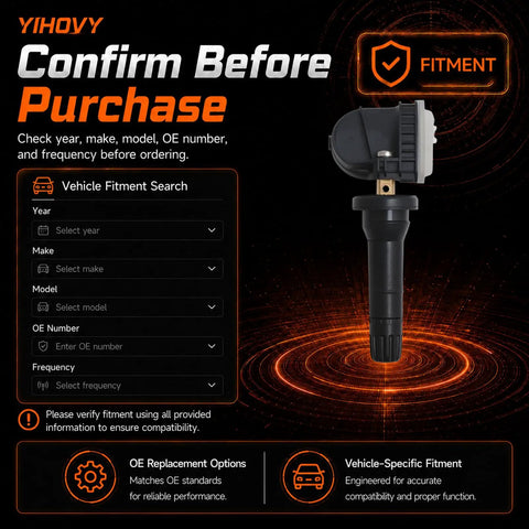 Straight Up Keep Your Setup Tight With This Fresh Set Of Four Preprogrammed TPMS Tire Pressure Monitoring Sensors At 315Mhz shown in fitment guide.