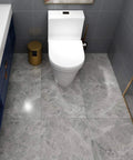 Bathroom scene with 32 Pack Peel And Stick Floor Tiles In Gray Marble Look Vinyl 12x12 Inch Waterproof Flooring for kitchen, bedroom.