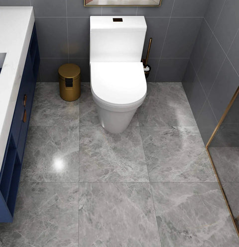Bathroom scene with 32 Pack Peel And Stick Floor Tiles In Gray Marble Look Vinyl 12x12 Inch Waterproof Flooring for kitchen, bedroom.