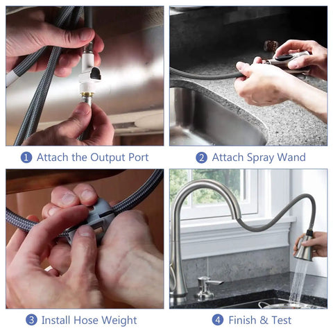 Step-by-step installation of Pulldown Faucet Hose Replacement Kit Model 150259, compatible with Moen pulldown faucets.