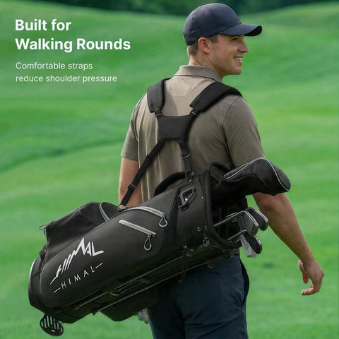 Man carrying black 14 Way Golf Stand Bag For Men And Women With Stand Feature Lightweight And Durable Golf Club Bag 14 Divider System